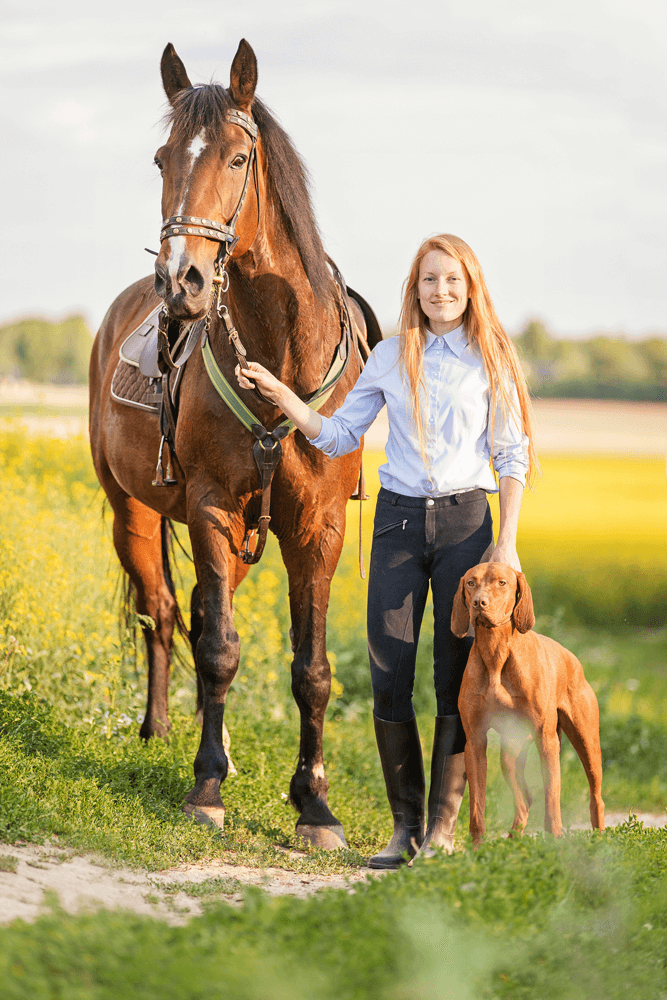 Reiterin mit Pferd und Hund